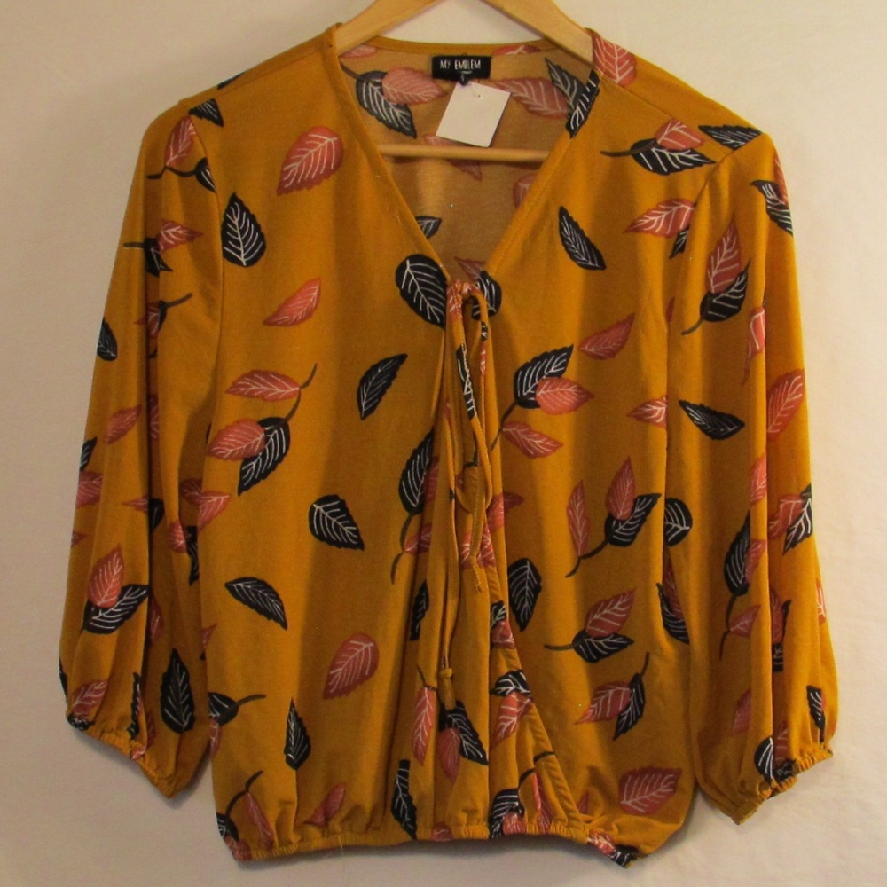 Leaf Print Mustard Wrap Blouse